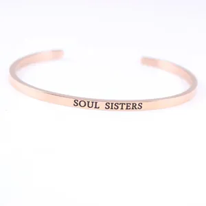 Elegant rose gold stainless steel open cuff bracelet with Soul Sisters engraved message
