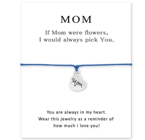 Blue braided bracelet with heart charm and Mother's Day quote gift card