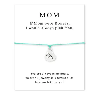Mother's Day Gift Bracelet Alloy Heart Mom Engraved Charm Wax Rope Braided Wristband With Blessing Message Card Jewelry
