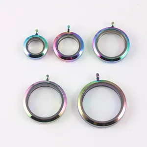 Detailed view of rainbow stainless steel glass locket pendants in five sizes