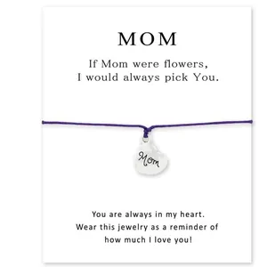 Handmade purple cord bracelet with heart pendant and Mother's Day message card