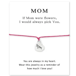 Handmade pink woven heart bracelet for Mom with a sentimental English message card