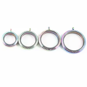 Four sizes of rainbow stainless steel floating locket pendants with sparkly rhinestones