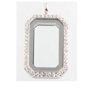 Ασημένιο ορθογώνιο πλωτό μενταγιόν locket με κρυστάλλινο πλαίσιο από στρας