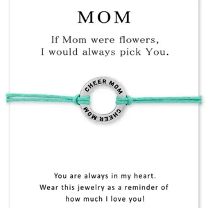 Minimalist Cheer Mom braided cord bracelet on Mother's Day greeting card gift set