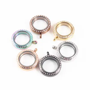 Variety of round stainless steel floating lockets with rhinestones in multiple colors