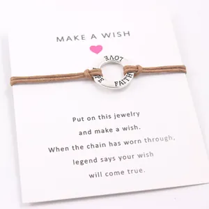 Make a Wish card bracelet with engraved FAITH HOPE LOVE silver ring and brown wax rope