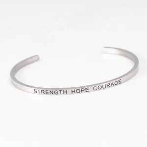Inspirational stainless steel cuff bracelet engraved with Strength Hope Courage words