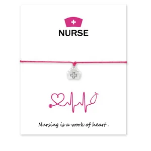 Nurse Theme Stethoscope Pendant Wax Rope Card Bracelet Heart Nurse Hat Alloy Charm Hand Chain Jewelry Gift For Medical Staff