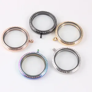 Stainless Steel Round Glass Floating Locket Pendant with Rhinestones Twist Screw Memory Locket for Photos Charms Women Jewelry