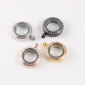 Round stainless steel glass locket pendants with rhinestone border in four colors