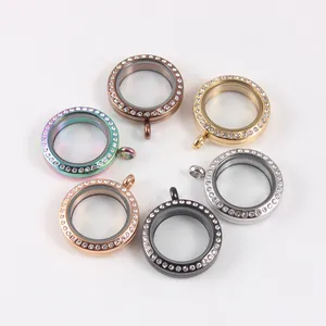 Assorted stainless steel floating locket pendants with rhinestones in multiple colors