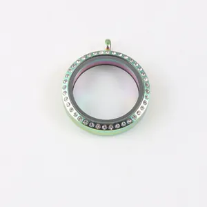 34mm iridescent rainbow stainless steel screw glass floating locket with crystal rim