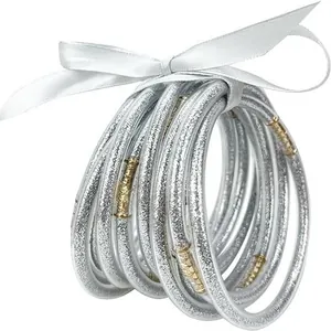 Fashion Glitter Jelly Bangles For Women Lightweight Silicone Tube Bracelets With Bow Decor Sparkling Hand Jewelry Gift