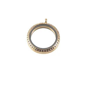Elegant gold stainless steel round floating charm locket with sparkling crystal rhinestones