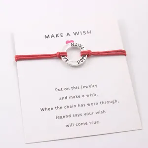 Handmade red cord wish bracelet with silver engraved FAITH HOPE LOVE alloy ring