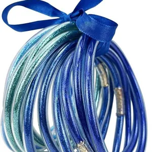 Sparkling blue glitter jelly bangles set of 12 for women with elegant ribbon bow