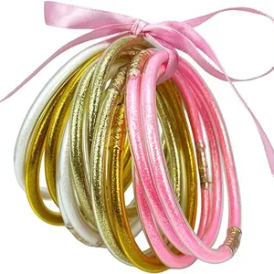 Mode Siliconen Glitter Jelly Armringen Met Satijnen Lintstrik Goudstof Holle PVC Buis Armbanden Glimmende Sieraden Voor Dames