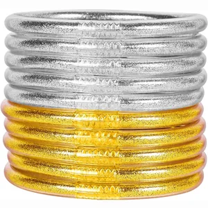 Damen 10 Stück Glitzer Jelly Armreifen Set Silikon PVC Rohr Armband Mit Metallverschluss Mode Funkelnden Schmuck Armreif Für Party