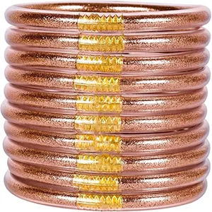 Set mit 10 roségoldenen Glitzer-Jelly-Armreifen aus weichen PVC-Silikonschläuchen
