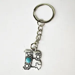 Vintage silver stainless steel letter B keychain with turquoise bead and horse