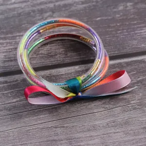 5Pcs Set Silicone Rainbow Glitter Bangles For Women Fashion Jelly Bracelets With Silk Ribbon Bow Jewelry Gift