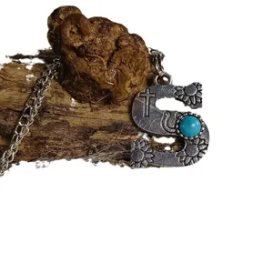 Vintage silver letter S necklace with engraved sunflowers, cross and turquoise stone