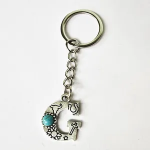 Macro detail view showing the engraved patterns of a vintage silver letter G keychain.