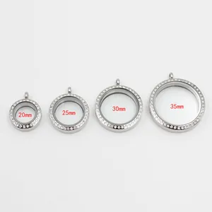Pendentifs médaillon en verre et acier inox avec strass en tailles 20mm 25mm 30mm et 35mm