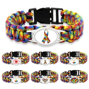 Autism Awareness Paracord Bracelet Handmade Woven Survival Heart Puzzle Ribbon Mom Dad Charm Alloy Bracelet For Men Women Gift