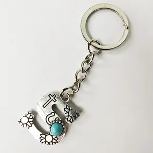 Retro Alloy Initial Letter Keychain with Artificial Turquoise Stamped Vintage Silver Key Ring for Bag Pendant Accessories
