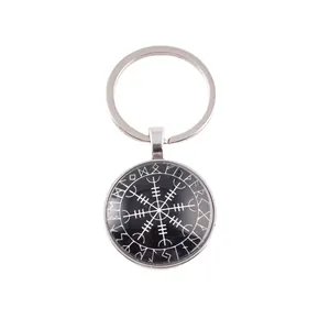 Norse Viking Time Gem Keychain Vegvisir Compass Tree of Life Valknut Raven Thor Hammer Glass Cabochon Alloy Keyring Jewelry