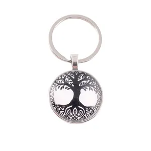 Nordic Viking Tree of Life keychain with silver metal ring and glass cabochon pendant