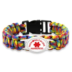 Colorful paracord bracelet with Autism Awareness puzzle piece and Faith Hope Love text