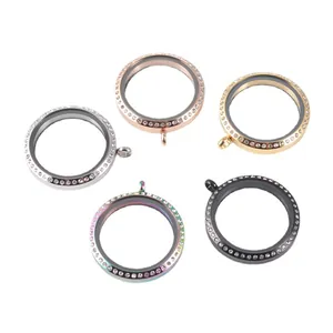 Lot de pendentifs médaillons ronds en acier inoxydable et verre avec strass, 5 couleurs
