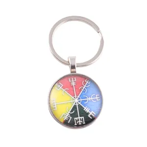 Nordic Viking Vegvisir Compass time gem keychain with a colorful glass cabochon pendant