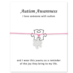 Autisme Bewustzijn Puzzelstuk Bedelarmband Met Kaart Unisex Verstelbare Waskoord Verzilverde Legering Sieraden Cadeau