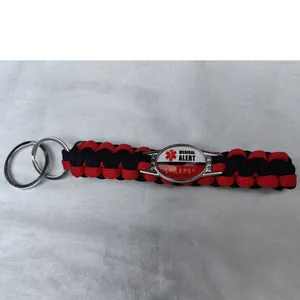Handmade red and black braided paracord medical alert keychain with Epilepsy ID tag