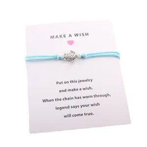Bracelet à Souhaits Fait Main Avec Tortue Carte Corde en Cire Réglable Alliage Bracelet Tortue de Mer Cadeau Pour Femmes Hommes