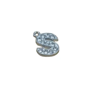Silver tone alloy letter S pendant with sparkling clear rhinestones for DIY jewelry