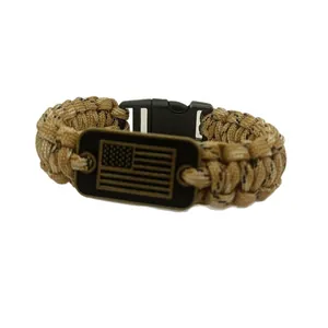 Outdoor 7-strand survival paracord bracelet featuring an American flag metal nameplate