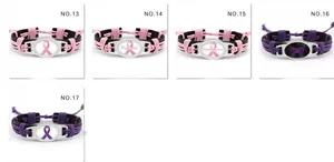 Colección de cinco pulseras de cuero trenzado para la concientización del cáncer de mama.