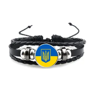 Pulsera de Cuero Gema del Tiempo Bandera de Ucrania Vintage Hecho a Mano Trenzado Multicapa de Aleación de Vidrio para Hombres Mujeres