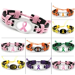 Pulsera de Cuero Tejida a Mano Concientización Cáncer de Mama Cinta Rosa Fighter Mariposa Joyería de Aleación Para Hombres Mujeres