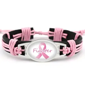 Pulsera de cuero trenzado cinta rosa fighter para concientización sobre cáncer de mama