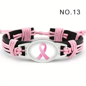 Pulsera de cuero trenzada a mano con cinta rosa para la concienciación sobre el cáncer de mama