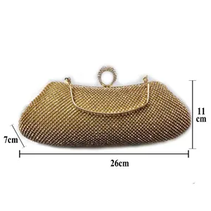 Bolso de noche elegante dorado con pedrería para mujer, dimensiones 26 cm x 11 cm x 7 cm detalle