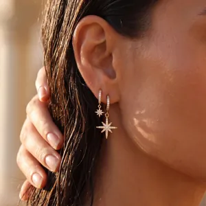 European Ins Style Stainless Steel North Star Hoop Earrings 18K Gold Plated Rhinestone Dangle Star Earrings For Women Gift