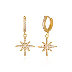 18k gold plated stainless steel starburst hoop earrings with sparkling cubic zirconia.