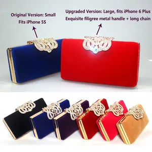 Women Luxury Velvet Evening Clutch Bag Rhinestone Crown Clasp Bridal Wedding Party Handbag Metal Handle Chain Shoulder Bag